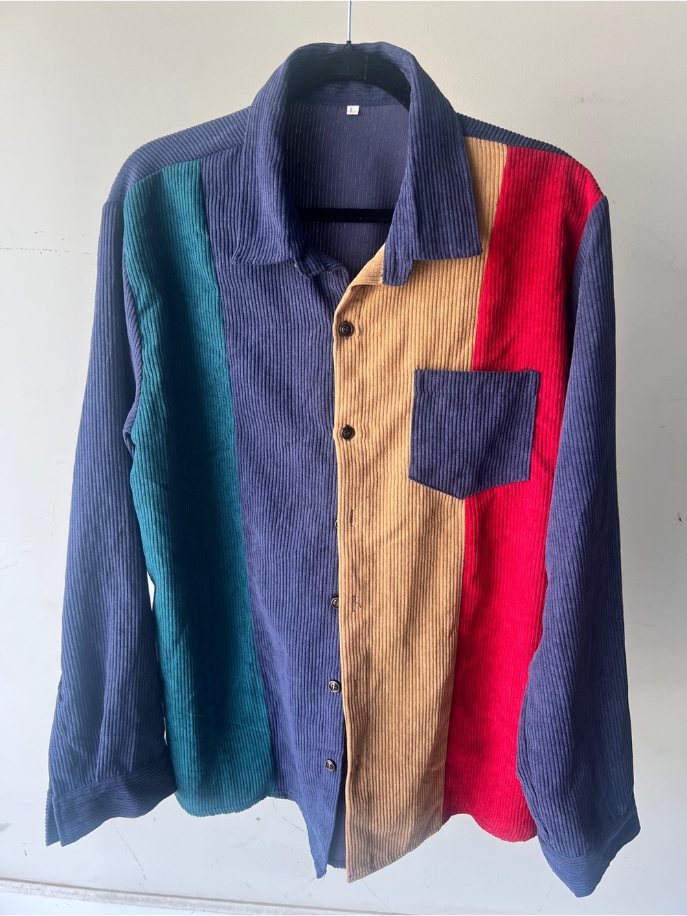 Corduroy Colorblock Button-Up Shirt in Navy, Teal, Tan, Red